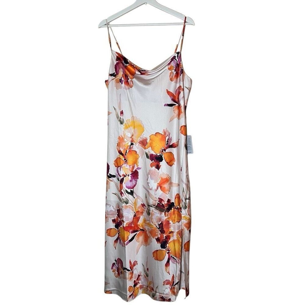 NWT Socialite Satin White Orange Floral Print Cowl Neck Midi Slip Dress XL